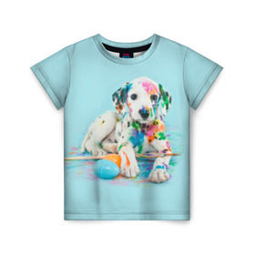 Детская футболка 3D с принтом Юный художник , 100% гипоаллергенный полиэфир | прямой крой, круглый вырез горловины, длина до линии бедер, чуть спущенное плечо, ткань немного тянется | animal | dog | дог | долматинец | друг | краски | собака | художник | щенок