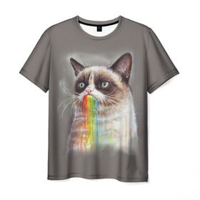 Мужская футболка 3D с принтом Grumpy Cat , 100% полиэфир | прямой крой, круглый вырез горловины, длина до линии бедер | Тематика изображения на принте: animal | cat | grumpy cat | животное | кот | котенок | кошка | радуга
