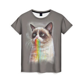 Женская футболка 3D с принтом Grumpy Cat , 100% полиэфир ( синтетическое хлопкоподобное полотно) | прямой крой, круглый вырез горловины, длина до линии бедер | animal | cat | grumpy cat | животное | кот | котенок | кошка | радуга