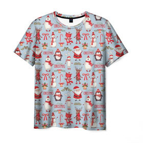 Мужская футболка 3D с принтом Рождественская Милота , 100% полиэфир | прямой крой, круглый вырез горловины, длина до линии бедер | дед мороз | заяц | колокольчик | лиса | лисичка | медведь | олень | омела | пингвин | санта клаус