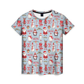 Женская футболка 3D с принтом Рождественская Милота , 100% полиэфир ( синтетическое хлопкоподобное полотно) | прямой крой, круглый вырез горловины, длина до линии бедер | дед мороз | заяц | колокольчик | лиса | лисичка | медведь | олень | омела | пингвин | санта клаус