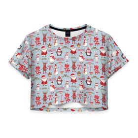 Женская футболка 3D укороченная с принтом Рождественская Милота , 100% полиэстер | круглая горловина, длина футболки до линии талии, рукава с отворотами | дед мороз | заяц | колокольчик | лиса | лисичка | медведь | олень | омела | пингвин | санта клаус