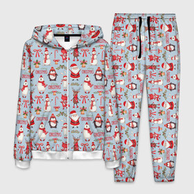 Мужской костюм 3D с принтом Рождественская Милота , 100% полиэстер | Манжеты и пояс оформлены тканевой резинкой, двухслойный капюшон со шнурком для регулировки, карманы спереди | дед мороз | заяц | колокольчик | лиса | лисичка | медведь | олень | омела | пингвин | санта клаус