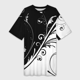 Платье-футболка 3D с принтом Цветочный узор Black  White ,  |  | абстракция | белый | инь янь | модные | прикольные картинки | природа | растения | тренды | узоры | цветы | черный