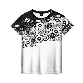 Женская футболка 3D с принтом Черно-белые цветы , 100% полиэфир ( синтетическое хлопкоподобное полотно) | прямой крой, круглый вырез горловины, длина до линии бедер | blossom | flower | garden stuff | green stuff | бабочки | узор | цветочный орнамент | цветы | цеточный узор