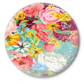 Значок с принтом Букет цветов ,  металл | круглая форма, металлическая застежка в виде булавки | Тематика изображения на принте: 