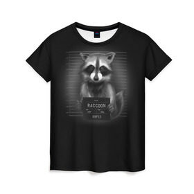 Женская футболка 3D с принтом Енот Преступник , 100% полиэфир ( синтетическое хлопкоподобное полотно) | прямой крой, круглый вырез горловины, длина до линии бедер | raccoon | виновен | полоскун | стражи