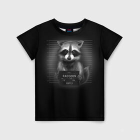 Детская футболка 3D с принтом Енот Преступник , 100% гипоаллергенный полиэфир | прямой крой, круглый вырез горловины, длина до линии бедер, чуть спущенное плечо, ткань немного тянется | Тематика изображения на принте: raccoon | виновен | полоскун | стражи