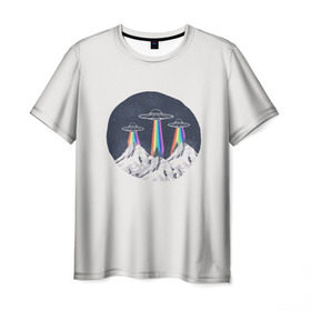 Мужская футболка 3D с принтом НЛО в Горах , 100% полиэфир | прямой крой, круглый вырез горловины, длина до линии бедер | горы | елки | звезды | земля | инопланетяне | небо | ночь | радуга | снег | тарелка | эверест | эльбрус