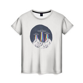 Женская футболка 3D с принтом НЛО в Горах , 100% полиэфир ( синтетическое хлопкоподобное полотно) | прямой крой, круглый вырез горловины, длина до линии бедер | горы | елки | звезды | земля | инопланетяне | небо | ночь | радуга | снег | тарелка | эверест | эльбрус