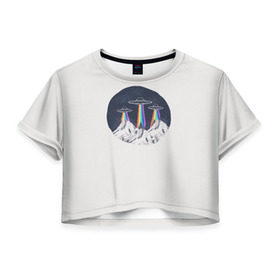 Женская футболка 3D укороченная с принтом НЛО в Горах , 100% полиэстер | круглая горловина, длина футболки до линии талии, рукава с отворотами | горы | елки | звезды | земля | инопланетяне | небо | ночь | радуга | снег | тарелка | эверест | эльбрус
