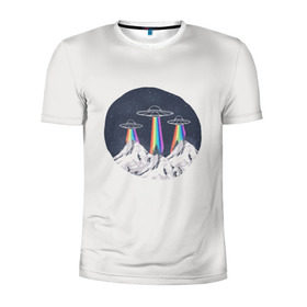 Мужская футболка 3D спортивная с принтом НЛО в Горах , 100% полиэстер с улучшенными характеристиками | приталенный силуэт, круглая горловина, широкие плечи, сужается к линии бедра | Тематика изображения на принте: горы | елки | звезды | земля | инопланетяне | небо | ночь | радуга | снег | тарелка | эверест | эльбрус