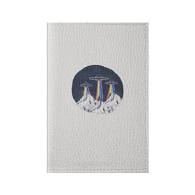 Обложка для паспорта матовая кожа с принтом НЛО в Горах , натуральная матовая кожа | размер 19,3 х 13,7 см; прозрачные пластиковые крепления | горы | елки | звезды | земля | инопланетяне | небо | ночь | радуга | снег | тарелка | эверест | эльбрус