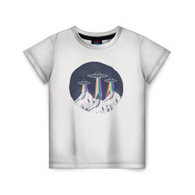 Детская футболка 3D с принтом НЛО в Горах , 100% гипоаллергенный полиэфир | прямой крой, круглый вырез горловины, длина до линии бедер, чуть спущенное плечо, ткань немного тянется | горы | елки | звезды | земля | инопланетяне | небо | ночь | радуга | снег | тарелка | эверест | эльбрус