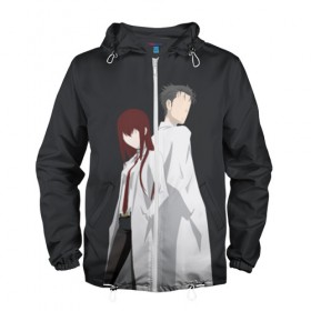 Мужская ветровка 3D с принтом Okabe & Kurisu , 100% полиэстер | подол и капюшон оформлены резинкой с фиксаторами, два кармана без застежек по бокам, один потайной карман на груди | Тематика изображения на принте: steins gate | steinsgate | аниме | визуальная новелла | врата штейна | курису | макисе курису | минимализм | окабе | окабе ринтаро