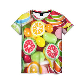 Женская футболка 3D с принтом Candy , 100% полиэфир ( синтетическое хлопкоподобное полотно) | прямой крой, круглый вырез горловины, длина до линии бедер | Тематика изображения на принте: candy | colorful | lollipop | sweet | конфеты | леденцы | сладости