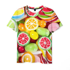 Мужская футболка 3D с принтом Candy , 100% полиэфир | прямой крой, круглый вырез горловины, длина до линии бедер | Тематика изображения на принте: candy | colorful | lollipop | sweet | конфеты | леденцы | сладости