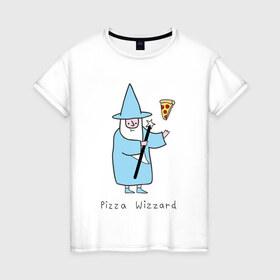 Женская футболка хлопок с принтом Заклинатель пиццы , 100% хлопок | прямой крой, круглый вырез горловины, длина до линии бедер, слегка спущенное плечо | Тематика изображения на принте: magic | pizza | wizzard | арт | волшебник | маг | магия | пицца