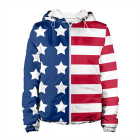 Женская куртка 3D с принтом USA Flag , ткань верха — 100% полиэстер, подклад — флис | прямой крой, подол и капюшон оформлены резинкой с фиксаторами, два кармана без застежек по бокам, один большой потайной карман на груди. Карман на груди застегивается на липучку | Тематика изображения на принте: star | usa | америка | белый | звезды | красный | линии | полосы | популярные | синий | сша | триколор | туристические | флаг | цвет | штаты