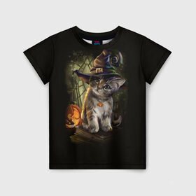 Детская футболка 3D с принтом Ведьмин котенок , 100% гипоаллергенный полиэфир | прямой крой, круглый вырез горловины, длина до линии бедер, чуть спущенное плечо, ткань немного тянется | Тематика изображения на принте: jack | ведьма | кот | котенок | кошка | тыква | хэллоуин