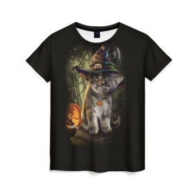 Женская футболка 3D с принтом Ведьмин котенок , 100% полиэфир ( синтетическое хлопкоподобное полотно) | прямой крой, круглый вырез горловины, длина до линии бедер | jack | ведьма | кот | котенок | кошка | тыква | хэллоуин