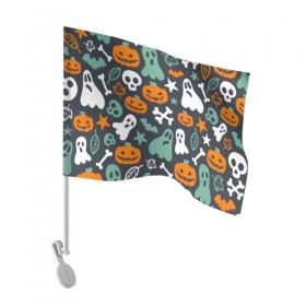 Флаг для автомобиля с принтом Halloween , 100% полиэстер | Размер: 30*21 см | звёзды | кости | летучие мыши | листья | привидения | тыквы