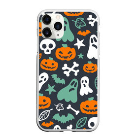 Чехол для iPhone 11 Pro Max матовый с принтом Halloween , Силикон |  | звёзды | кости | летучие мыши | листья | привидения | тыквы