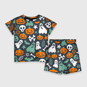 Детский костюм с шортами 3D с принтом Halloween ,  |  | звёзды | кости | летучие мыши | листья | привидения | тыквы