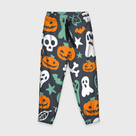 Детские брюки 3D с принтом Halloween , 100% полиэстер | манжеты по низу, эластичный пояс регулируется шнурком, по бокам два кармана без застежек, внутренняя часть кармана из мелкой сетки | звёзды | кости | летучие мыши | листья | привидения | тыквы