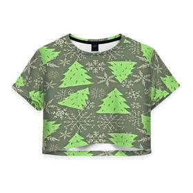 Женская футболка 3D укороченная с принтом Зелёные ёлочки , 100% полиэстер | круглая горловина, длина футболки до линии талии, рукава с отворотами | new year | santa | дед мороз | елка | елочки | новогодний | новый год | рождество | сантаклаус | снег | снежинки