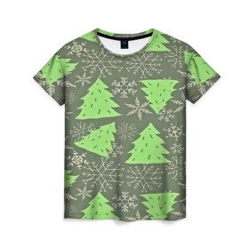 Женская футболка 3D с принтом Зелёные ёлочки , 100% полиэфир ( синтетическое хлопкоподобное полотно) | прямой крой, круглый вырез горловины, длина до линии бедер | new year | santa | дед мороз | елка | елочки | новогодний | новый год | рождество | сантаклаус | снег | снежинки