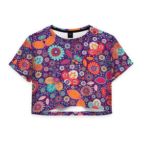 Женская футболка 3D укороченная с принтом Цветочный взрыв , 100% полиэстер | круглая горловина, длина футболки до линии талии, рукава с отворотами | vppdgryphon | арт | взрыв | краска | тропики | цветные | цветок | цветочный | цветы