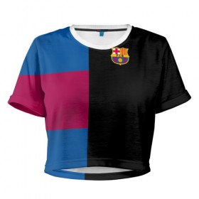 Женская футболка 3D укороченная с принтом FC Barcelona Black Version , 100% полиэстер | круглая горловина, длина футболки до линии талии, рукава с отворотами | 