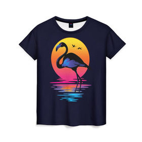 Женская футболка 3D с принтом Фламинго дитя заката , 100% полиэфир ( синтетическое хлопкоподобное полотно) | прямой крой, круглый вырез горловины, длина до линии бедер | закат | море | птица | ретро | стиль | фламинго