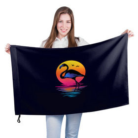 Флаг 3D с принтом Фламинго дитя заката , 100% полиэстер | плотность ткани — 95 г/м2, размер — 67 х 109 см. Принт наносится с одной стороны | Тематика изображения на принте: закат | море | птица | ретро | стиль | фламинго