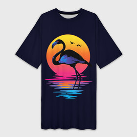 Платье-футболка 3D с принтом Фламинго дитя заката ,  |  | закат | море | птица | ретро | стиль | фламинго