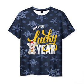 Мужская футболка 3D с принтом Lucky Year , 100% полиэфир | прямой крой, круглый вырез горловины, длина до линии бедер | new year | santa | год собаки | дед мороз | елка | елочки | новогодний | новый год | подарки | рождество | сантаклаус | снег | снежинки | собака