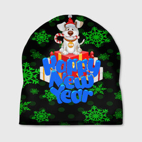 Шапка 3D с принтом Happy new Year 2018 , 100% полиэстер | универсальный размер, печать по всей поверхности изделия | new year | santa | год собаки | дед мороз | елка | елочки | новогодний | новый год | подарки | рождество | сантаклаус | снег | снежинки | собака