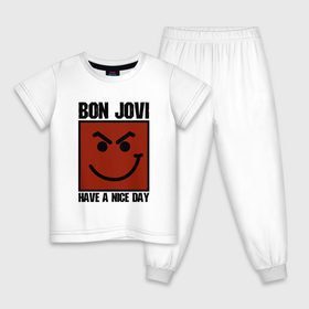 Детская пижама хлопок с принтом Bon Jovi, have a nice day , 100% хлопок |  брюки и футболка прямого кроя, без карманов, на брюках мягкая резинка на поясе и по низу штанин
 | Тематика изображения на принте: bon jovi | бон | бон джови | глэм | группа | джови | джон | метал | рок | хард