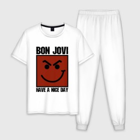 Мужская пижама хлопок с принтом Bon Jovi, have a nice day , 100% хлопок | брюки и футболка прямого кроя, без карманов, на брюках мягкая резинка на поясе и по низу штанин
 | Тематика изображения на принте: bon jovi | бон | бон джови | глэм | группа | джови | джон | метал | рок | хард