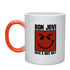 Кружка хамелеон с принтом Bon Jovi, have a nice day , керамика | меняет цвет при нагревании, емкость 330 мл | Тематика изображения на принте: bon jovi | бон | бон джови | глэм | группа | джови | джон | метал | рок | хард