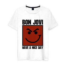 Мужская футболка хлопок с принтом Bon Jovi, have a nice day , 100% хлопок | прямой крой, круглый вырез горловины, длина до линии бедер, слегка спущенное плечо. | Тематика изображения на принте: bon jovi | бон | бон джови | глэм | группа | джови | джон | метал | рок | хард