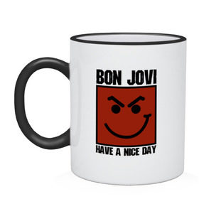 Кружка двухцветная с принтом Bon Jovi, have a nice day , керамика | объем — 330 мл, диаметр — 80 мм. Цветная ручка и кайма сверху, в некоторых цветах — вся внутренняя часть | bon jovi | бон | бон джови | глэм | группа | джови | джон | метал | рок | хард