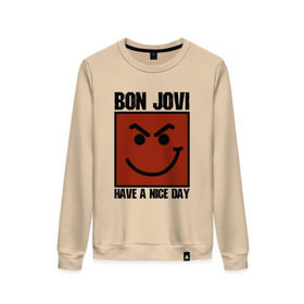 Женский свитшот хлопок с принтом Bon Jovi, have a nice day , 100% хлопок | прямой крой, круглый вырез, на манжетах и по низу широкая трикотажная резинка  | Тематика изображения на принте: bon jovi | бон | бон джови | глэм | группа | джови | джон | метал | рок | хард