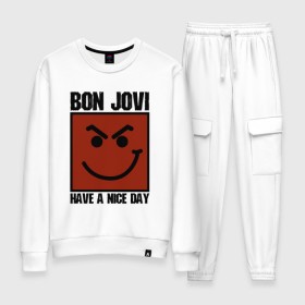 Женский костюм хлопок с принтом Bon Jovi, have a nice day , 100% хлопок | на свитшоте круглая горловина, мягкая резинка по низу. Брюки заужены к низу, на них два вида карманов: два 