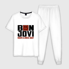 Мужская пижама хлопок с принтом Bon Jovi, have a nice day , 100% хлопок | брюки и футболка прямого кроя, без карманов, на брюках мягкая резинка на поясе и по низу штанин
 | bon jovi | бон | бон джови | глэм | группа | джови | джон | метал | рок | хард