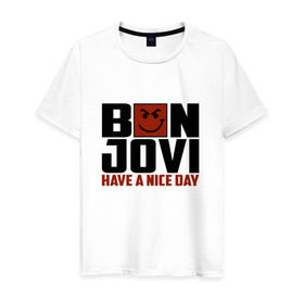 Мужская футболка хлопок с принтом Bon Jovi, have a nice day , 100% хлопок | прямой крой, круглый вырез горловины, длина до линии бедер, слегка спущенное плечо. | Тематика изображения на принте: bon jovi | бон | бон джови | глэм | группа | джови | джон | метал | рок | хард
