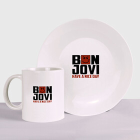 Набор: тарелка + кружка с принтом Bon Jovi, have a nice day , керамика | Кружка: объем — 330 мл, диаметр — 80 мм. Принт наносится на бока кружки, можно сделать два разных изображения. 
Тарелка: диаметр - 210 мм, диаметр для нанесения принта - 120 мм. | bon jovi | бон | бон джови | глэм | группа | джови | джон | метал | рок | хард