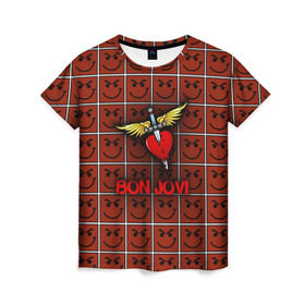 Женская футболка 3D с принтом Смайлы Bon Jovi , 100% полиэфир ( синтетическое хлопкоподобное полотно) | прямой крой, круглый вырез горловины, длина до линии бедер | bon jovi | бон | бон джови | глэм | группа | джови | джон | рок | хард