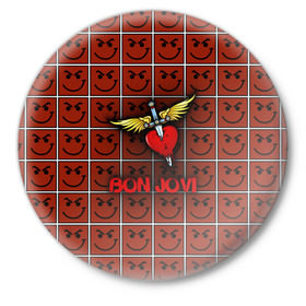 Значок с принтом Смайлы Bon Jovi ,  металл | круглая форма, металлическая застежка в виде булавки | Тематика изображения на принте: bon jovi | бон | бон джови | глэм | группа | джови | джон | рок | хард